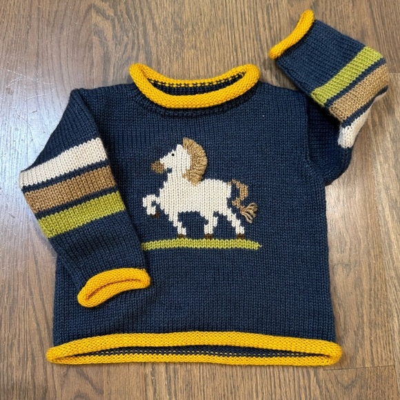 Alpaca Sweater Knit Kids horse blue Roll Neck yellow Preppy Size 2-3 B33 - Picture 1 of 7